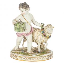 556   -  <p><span class="object_title">Amorcillo con jaula y oveja. Grupo en porcelana de Rudolstadt Volkstedt. Alemania, fles del s.XIX. </span>.<br></p>