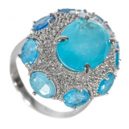 129   -  <p><span class="object_title">Sortija en plata con símiles de aguamarina talla oval y pavé de circonitas blancas. Nº 12,5. </span></p>