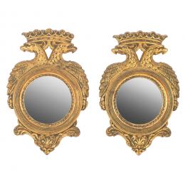 622   -  <p><span class="object_title">Pareja de cornucopias estilo Regency en madera tallada, estucada y dorada rematado por águila bicéfala, s.XX.  </span>.<br></p>