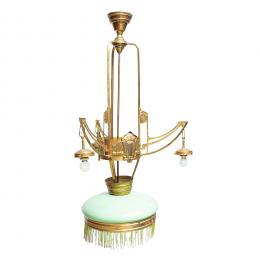 593   -  <p><span class="object_title">Lámpara de techo modernista de cuatro luces en latón dorado con decoración vegetal y cristal verde, ppios. del s.XX. </span>.<br></p>