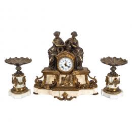 568   -  <p><span class="object_title">Reloj de sobremesa y pareja de pebeteros estilo Luis XVI en bronce y mármol, fles. del s.XIX. </span>.<br></p>