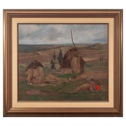476   -  <p><span class="object_title">Escuela española, s.XX. <br/>Paisaje con almiares y figuras. </span>.<br></p>
