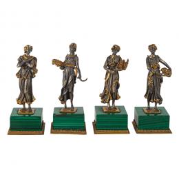 510   -  <p><span class="object_title">Juego de cuatro figuras femeninas representando las cuatro estaciones en plata y plata dorada 800 milésimas sobre base en malaquita, s.XX. </span>.<br></p>