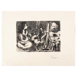 775   -  <p><span class="object_title">Picasso. Pablo Ruiz Picasso (Málaga, 1881-Mougins, Francia, 1973) <br/>Peintre au travail avec modele barbu at une spectatruce assise en taillur. </span>.<br></p>