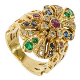 30   -  <p><span class="object_title">Sortija en oro con esmeraldas, 0,30 ct aprox., zafiros, 0,40 ct, rubíes, 0,30 ct aprox. y diamantes talla redonda engastados en garras y chatón, 0,38 ct aprox. 12,32 gr. Nº 11. </span></p>