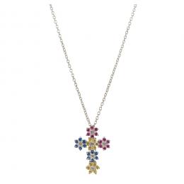 41   -  <p><span class="object_title">Gargantilla en oro blanco con colgante diseño cruz de chatones de zafiros azules y amarillos, rubíes y diamantes talla brillante engastados en garras, 0,12 ct aprox. 2 x 1,5 cm. </span></p>