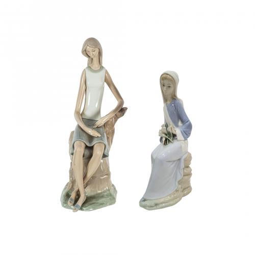 Meditando y Niña calas sentada. Lote de dos figuras en porc