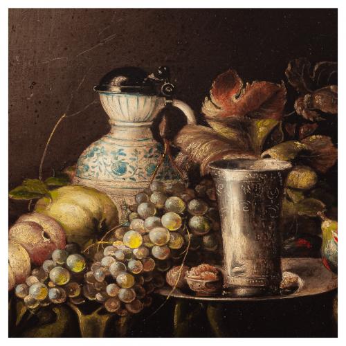 Escuela holandesa, s.XIX. Bodegón con frutas, plato, vaso