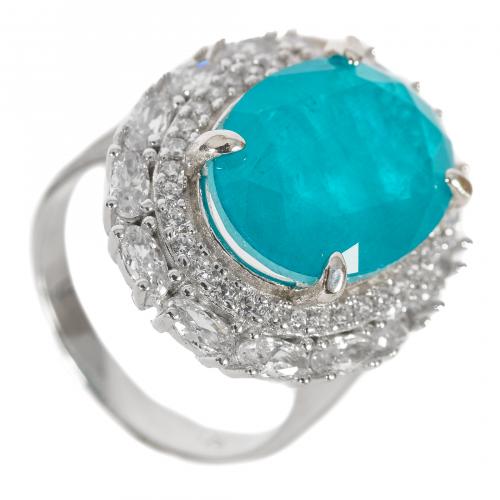 Sortija rosetón en plata con símil de turquesa talla oval y