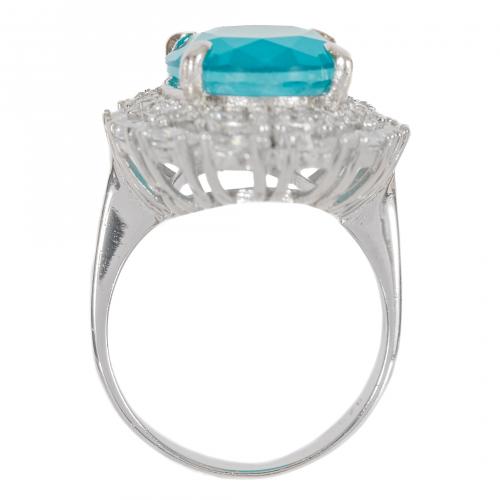 Sortija rosetón en plata con símil de turquesa talla oval y