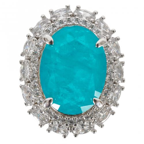 Sortija rosetón en plata con símil de turquesa talla oval y