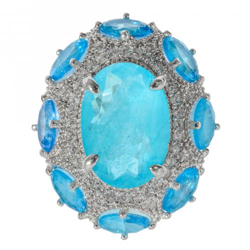 Sortija en plata con símiles de aguamarina talla oval y pav