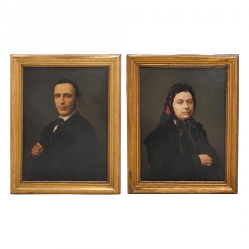 Escuela española, s.XIX. Retratos de dama y caballero. 