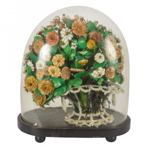 Fanal isabelino en cristal y base en madera con decoración 