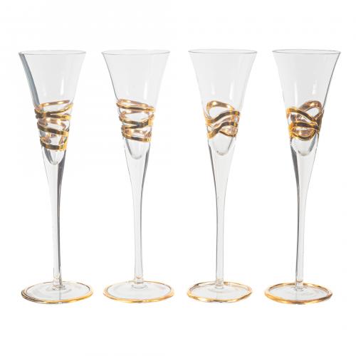 Juego de cuatro copas de cava en cristal esmaltado y dorado