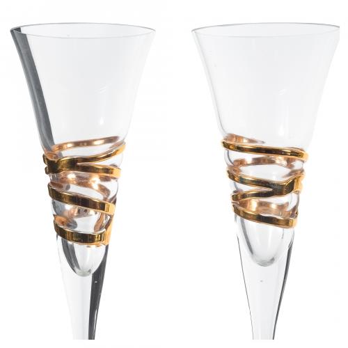 Juego de cuatro copas de cava en cristal esmaltado y dorado