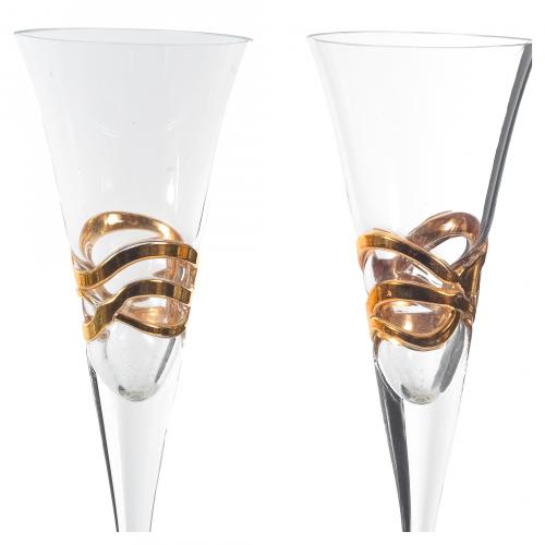 Juego de cuatro copas de cava en cristal esmaltado y dorado