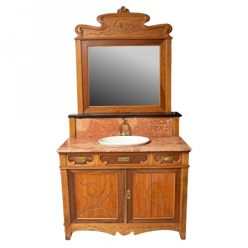 Lavamanos con espejo modernista en madera tallada con decor