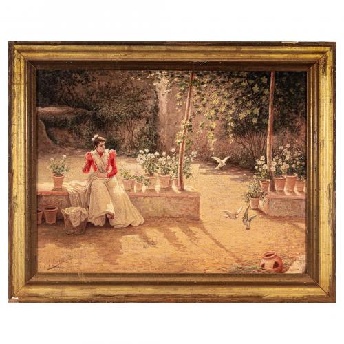 Escuela española, s.XIX. Muchacha en el jardín. 