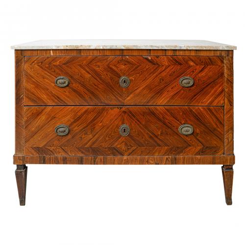 Cómoda lombarda Luis XVI en madera chapada de nogal y palis
