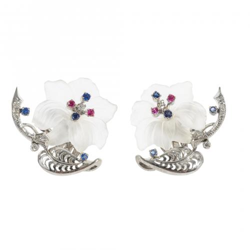 Pendientes diseño floral en oro blanco y cristal de roca ma