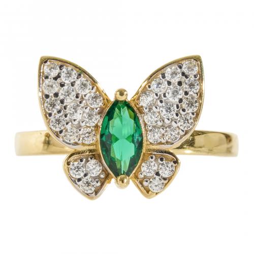 Sortija diseño mariposa en oro con símil de esmeralda talla