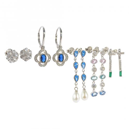 Lote de cinco pares de pendientes en plata con circonitas b