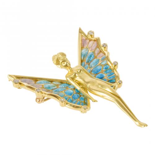 Broche-colgante diseño ninfa en oro y esmalte pliquè-a-jour