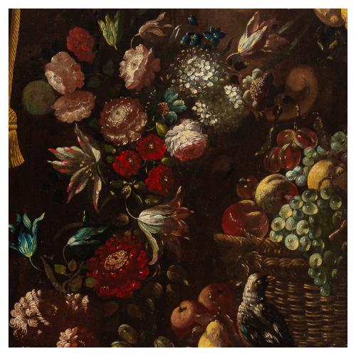 Escuela romana, c.1700. Bodegón de frutas, flores, mono y