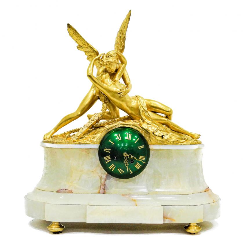 Espectacular reloj de sobremesa en bronce dorado y ónix. Fr
